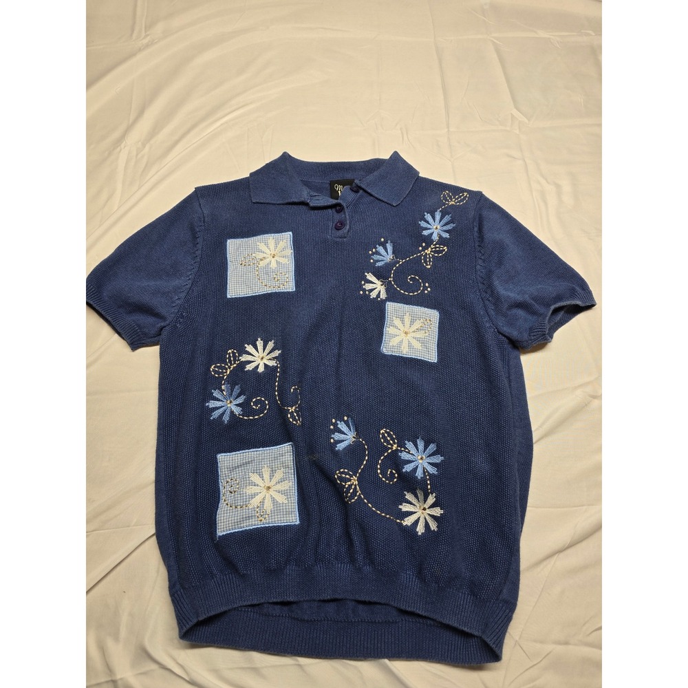 Vintage Ms. Lee Embroidered Knit Top Short Sleeve Blue Floral Squares‎ Size S